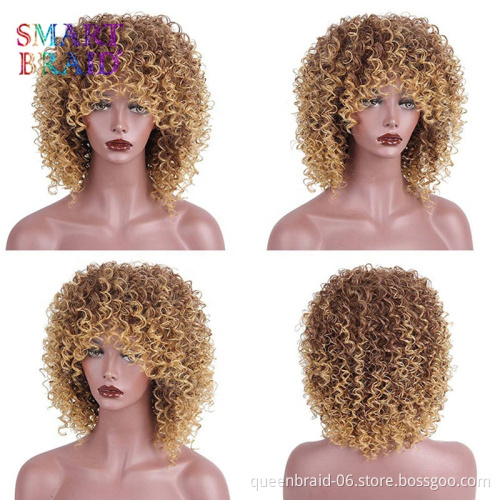 Ombre Blonde Short Afro Curly Wig With Bangs Kinky Fluffy Synthetic Wigs Shoulder Length For Black Women